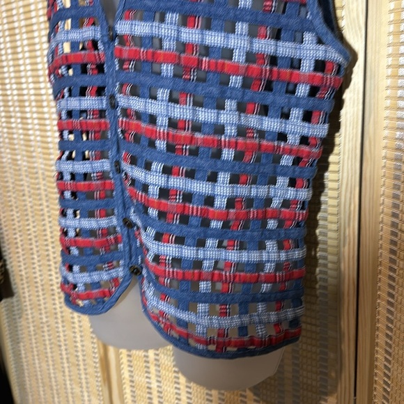 Koret City Blues Vintage 1990s Y2K Blue Denim Patchwork Open Holes Vest Large - Picture 5 of 15
